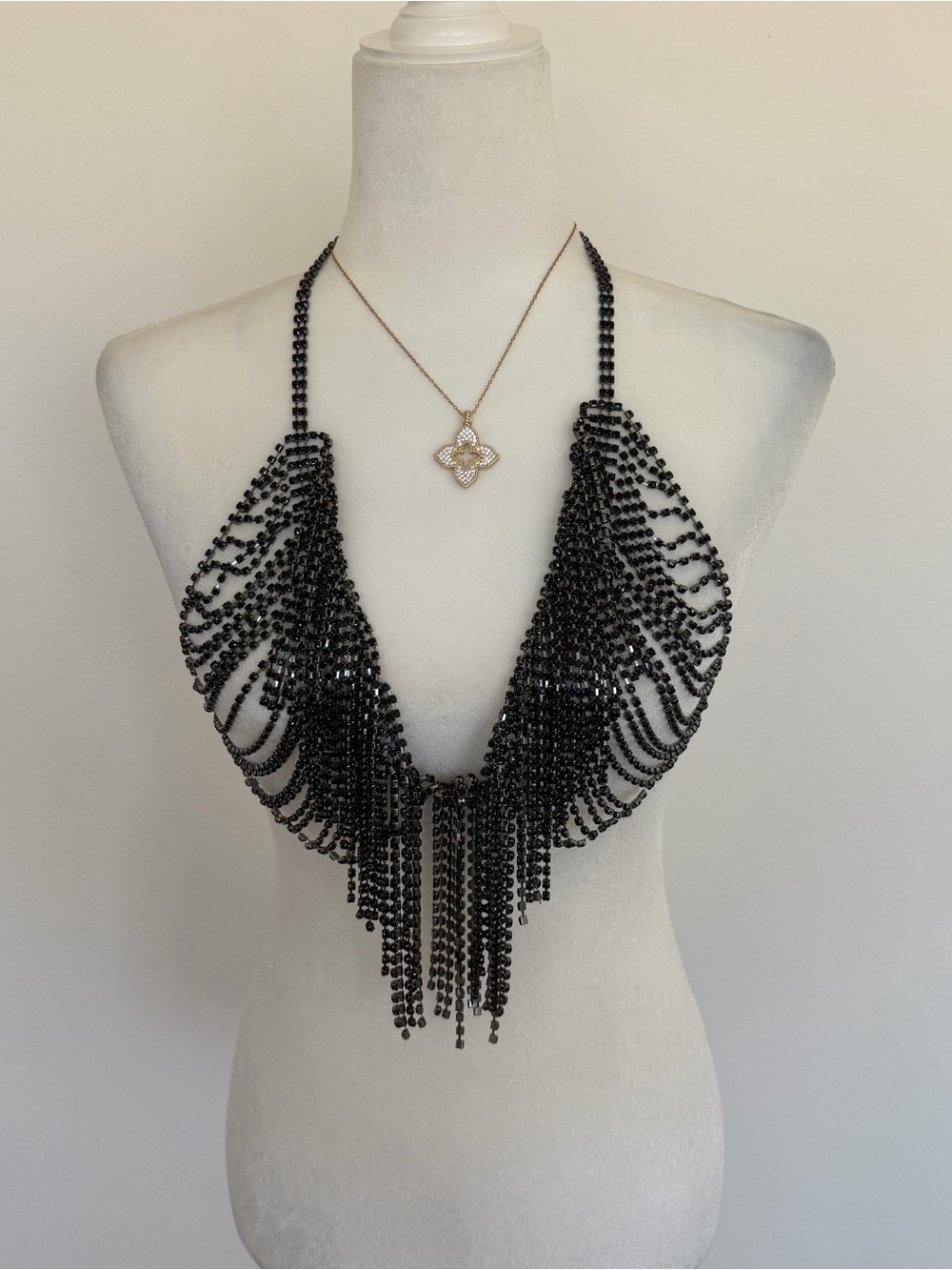 NATASHA Black Crystal Rhinestone Body Chain Bralette Halter Top NWT OS